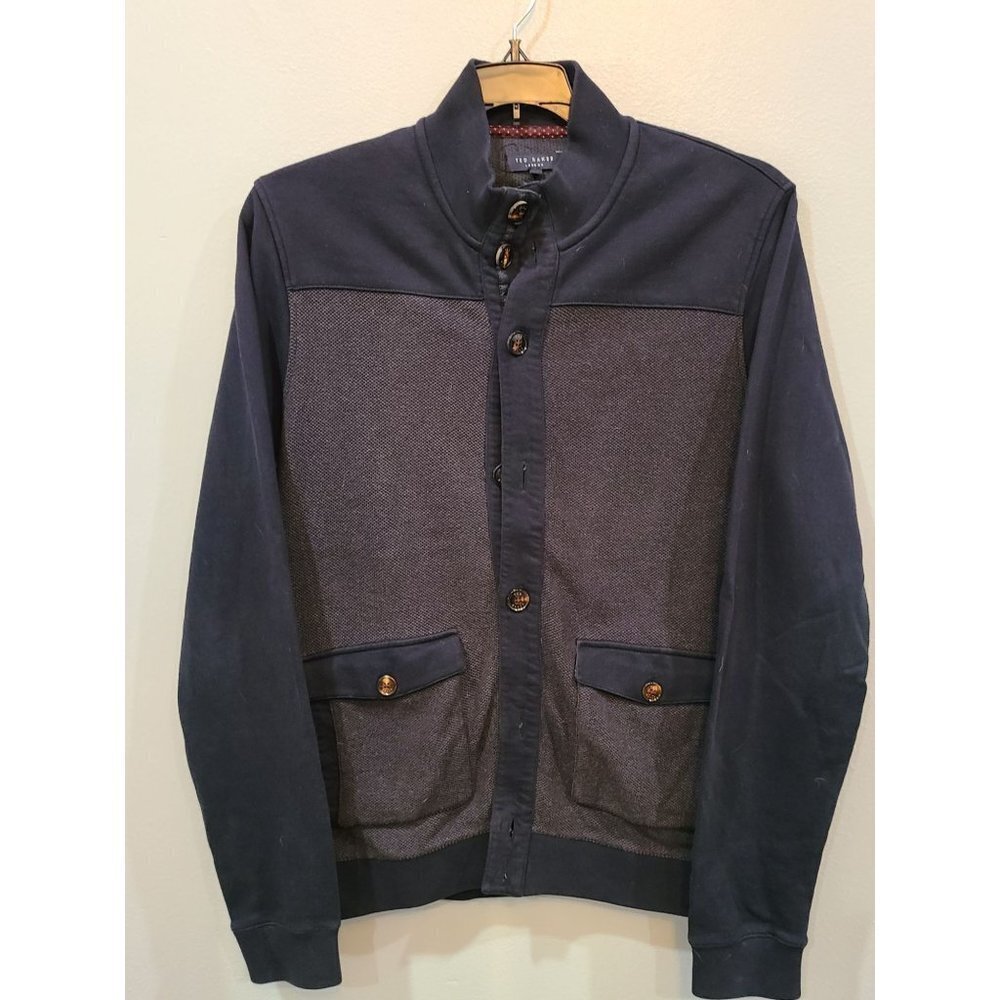 Ted Baker Jacket Men's XL Size 5 Jersey Bomber Navy Grey Casual Normcore Basic